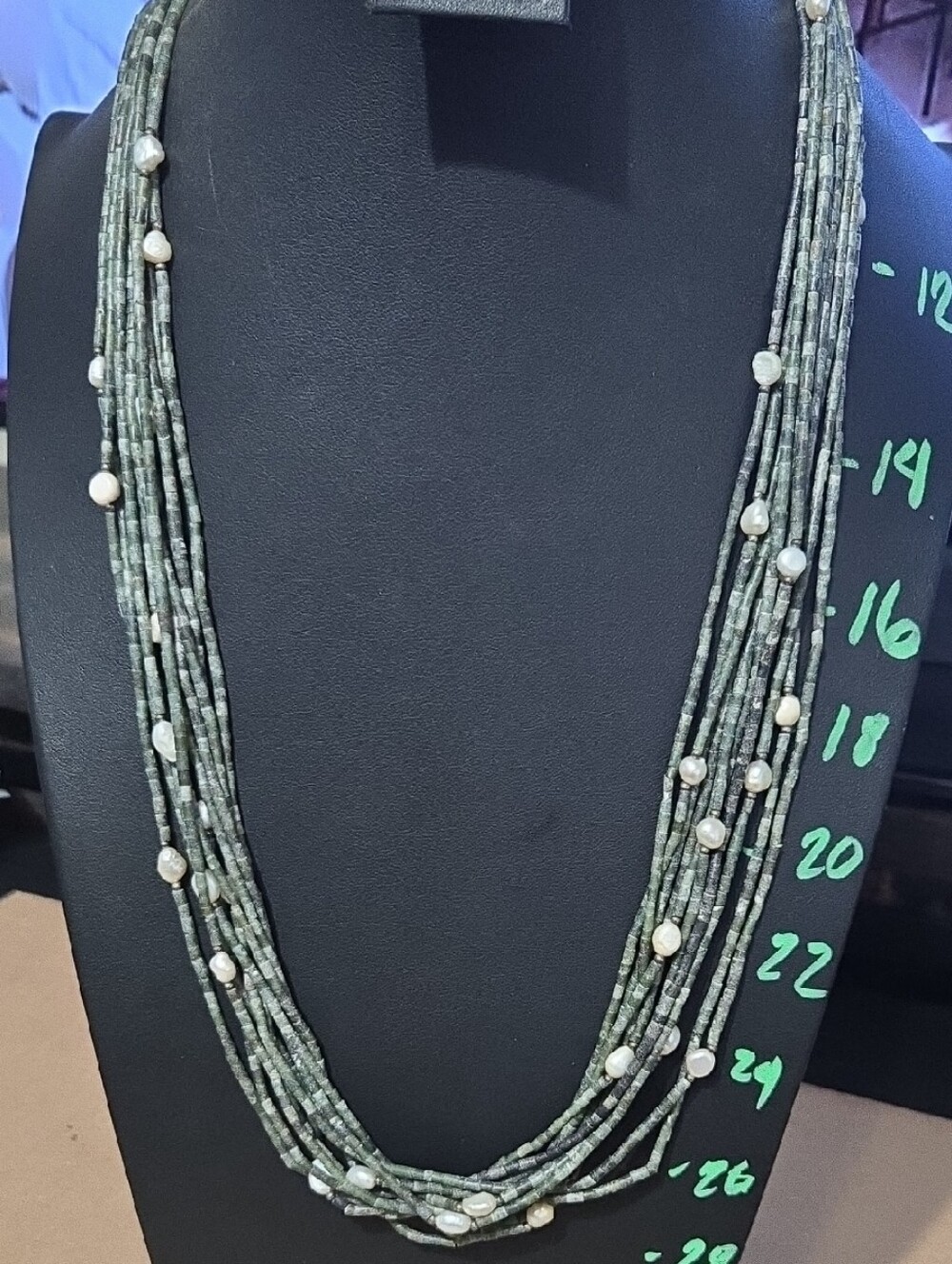 13 Strand Green Jasper And Cultured Pearls Necklace with 925 Sterling Clasp